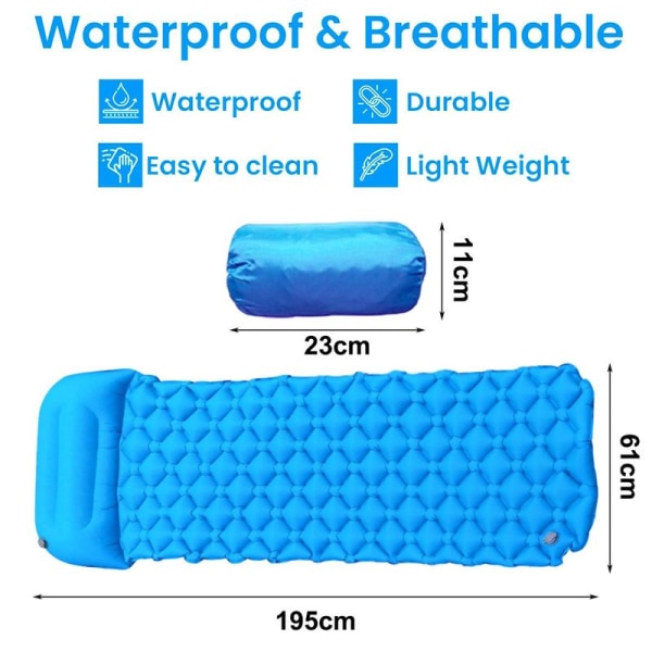 Inflatable sleeping pad for camping with pillow, integrated foot