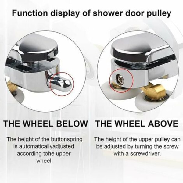 Dubbla hjul - för skjutbara duschdörrar, 2 hjul 23 mm diameter zinklegering badrum med anti-kollisionsblock och Lilaris fästen Set med 4
