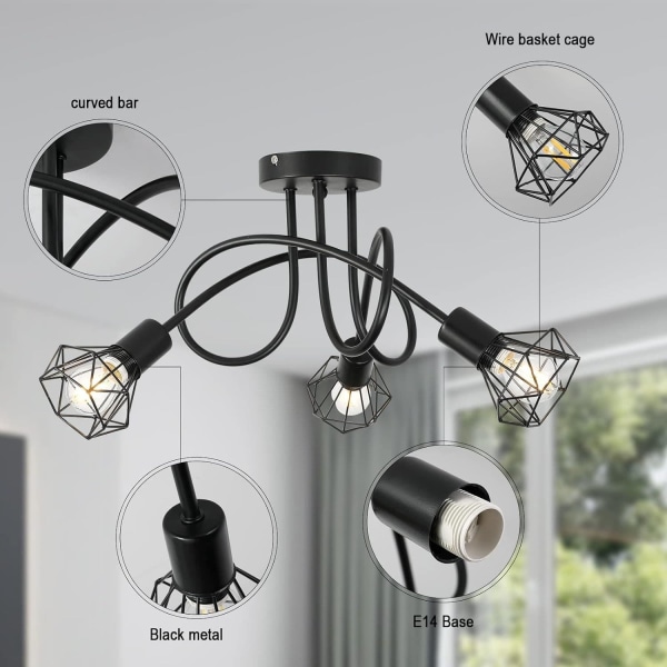Industriell taklampe med 3 spots i svart metallbur - retrobelysning for kjøkken, stue, soverom