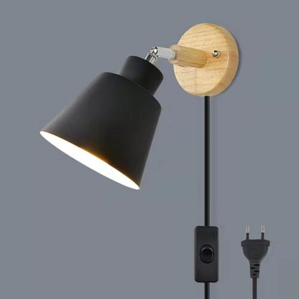 Væglampe med tændt kontakt og stik Moderne sengelampe Vintage Macaron væglampe E27 træ væglampe Velegnet til stue og soveværelse Sort
