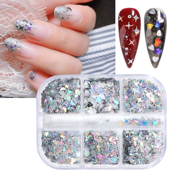 Kynsien glitter, kynsien koristelu DIY-taidepaljetit sekoitettu glitter A-malleja, 6 laatikkoa