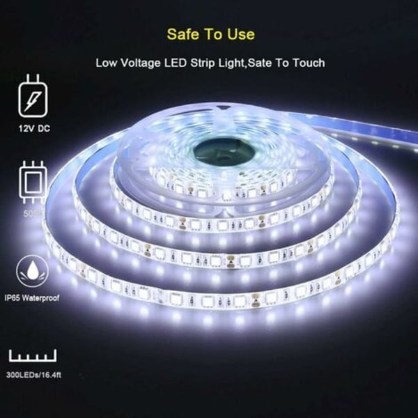 12V LED-stripe, kald hvit 6500K, 5 meter fleksibel 300 LED 5050 SMD IP65 vanntett LED-stripe [Energiklasse A]