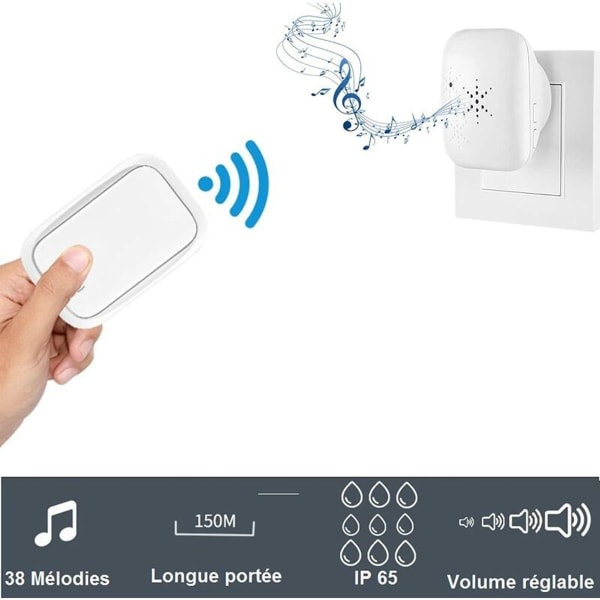 Trådlös och batterifri utomhusdörrklocka, vattentät, IP 65, snabb/