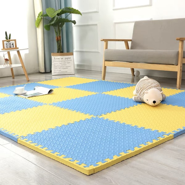 Skum Legemåtte - Børns Bløde Eva Puslespilmåtte, Sammenlåsende Børns Legemåtte Gulv Måtte Skum, 16-Pakke. 30*30*1.0 (16 stykker)gul blå Yellow+Blue