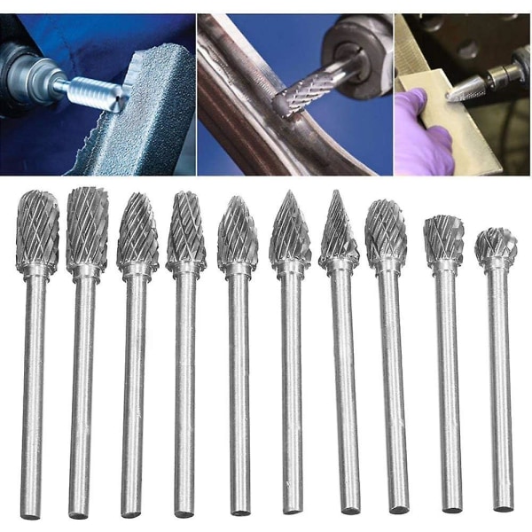 10 stk. dobbeltsnit tungsten solid carbide stål roterende burres sæt 3mm skaft skaft twist bor til Dremel roterende værktøjer