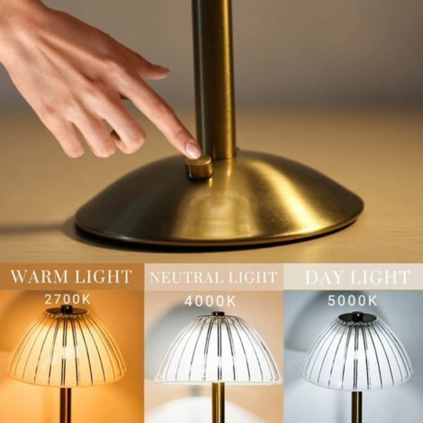 LED-bordslampe med berøringssensor - 3 dimbare farger og justerbar lysstyrke, trådløs gull messing oppladbar lampe, batteridrevet skrivebordslampe