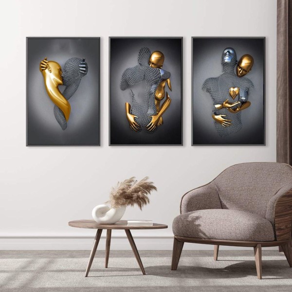 3D Vægkunst Love Heart Grå, Guld Sølv 3D Art Vægdekoration