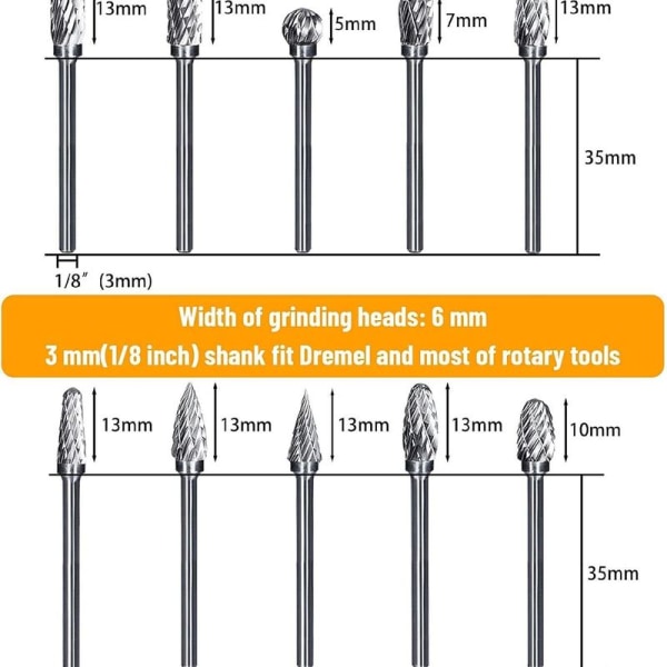 10 stk dobbeltskjæret wolframkarbid fresesett 1/8\" roterende fresesett 6mm