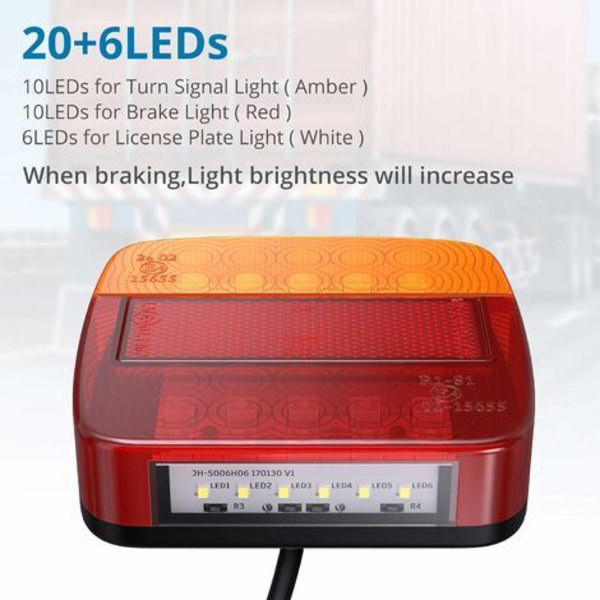 Autoutlet 2 st LED-bakljus röd & bärnsten & vit multifunktionell släpvagn lastbil husvagn båt lampa skyltlampa ljus, 12V, E-märke