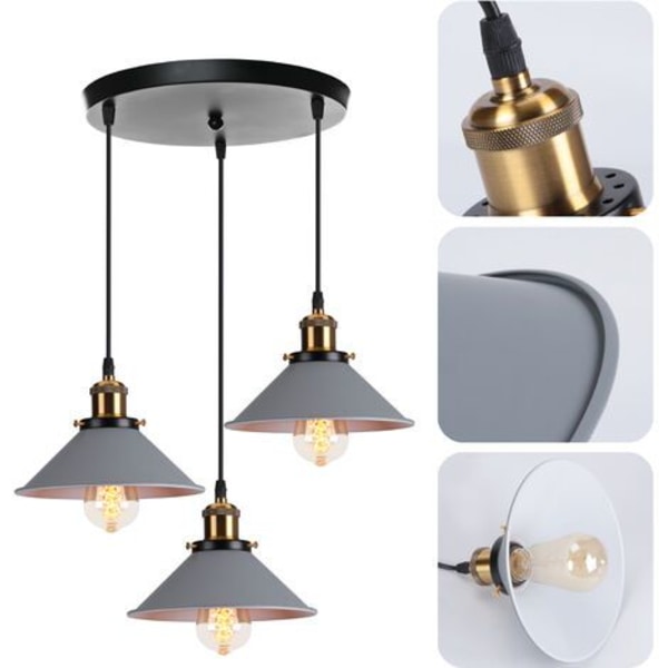 Designer Pendel Lysekrone Grå 3 Hoved Metal Hængende Lamper Belysning Spisestue Soveværelse Stue