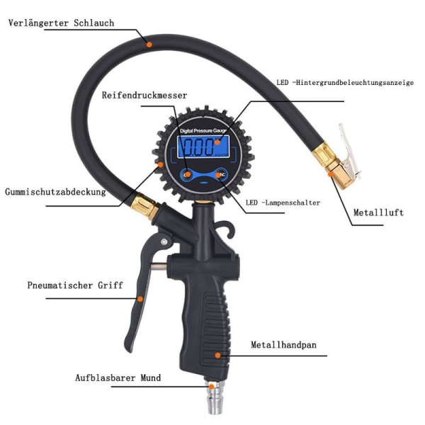 Digital dekkinflator dekktrykktester med LCD-skjerm lufttrykktester