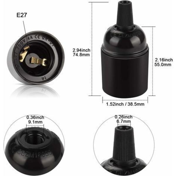 Svart Vintage E27-sokkel, Retro Edison-pendellampe, Adapter for fast lampeholder i bakelitt, Perfekt for dekorasjon, industri og DIY, 6-pakning