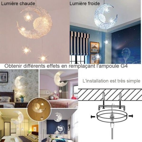 Industriell upphängningskrona Moon Stars LED-taklampa i aluminium med 5 lampor för barnsovrum (varmt vitt ljus)