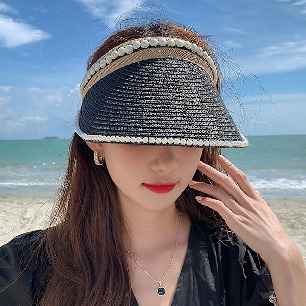 55-58cm Hat Omkreds Hat Kvinde Sommer Perle Tom Top Solhat Anti-ultraviolet Solhat Stor Skygget Solhat