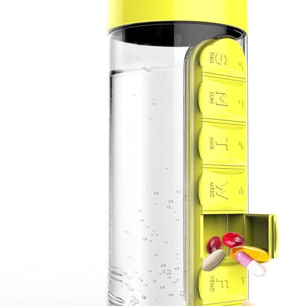Kombiner Daily Pill Box Organizer med vandflaske, gul