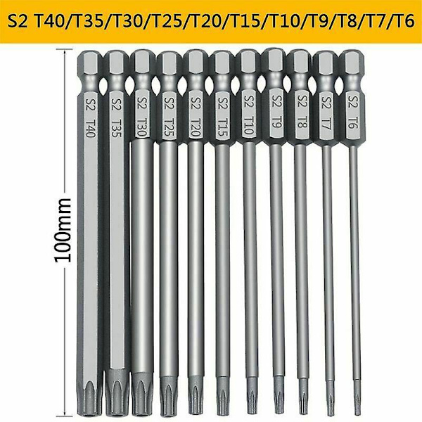 11 kpl 100 mm S2 1/4 tuuman Torx-ruuvimeisselin kuusiokoloterät Tarkkuusporakone Magneettinen turvaruuvinväännin T6-T40 Cisea Pitkäkantainen Torx-ruuvimeisseli