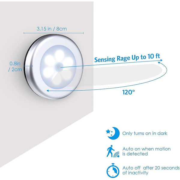 Automatisk strömbrytare LED-ljus sensor nattlampa, vitt ljus, batteridriven, hall, garderobsljus, sovrum (6 silver)
