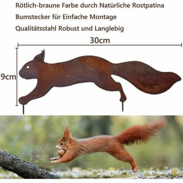 Ekorn - Metallhagedekorasjon - 30 cm - Naturlig rustpatina