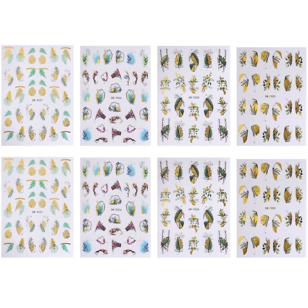 Negleklistermærker 8 ark Selvklæbende neglemærkater, blademønstre Negleforsyninger til kvinder Negle, 9,2*7,3 cm