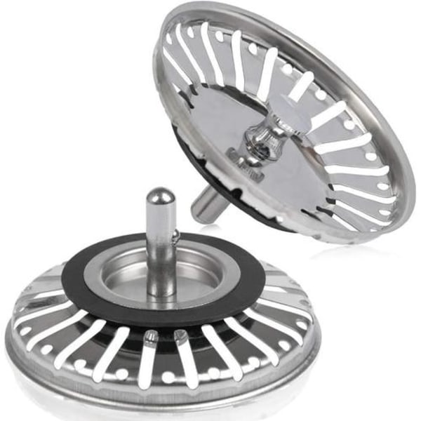 2 stk. vaskefilter/vaskepropper til køkken/badeværelse, 84 mm diameter med kuglespids, rustfrit stål