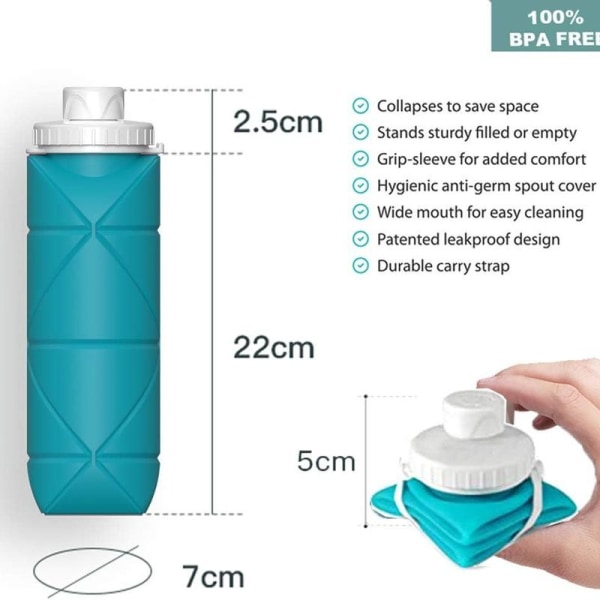 Kokoontaitettavat vesipullot BPA-vapaa silikoni, vuotamaton sininen