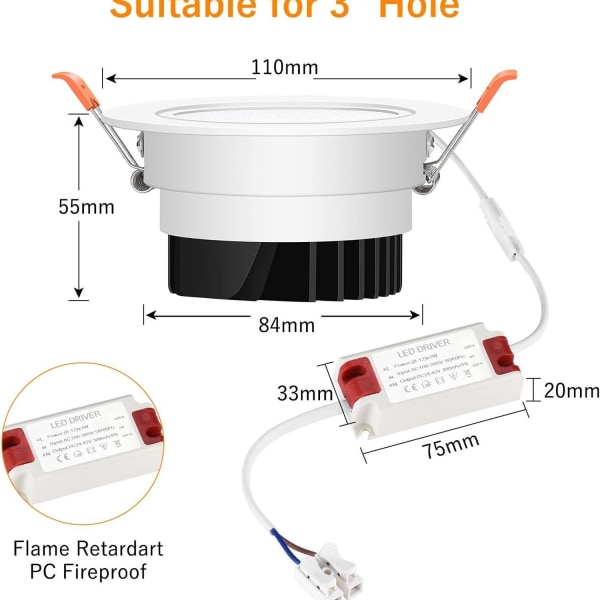 LED-downlight 12W varmvit 3000K infälld belysning 40° justerbar LED-takmontering