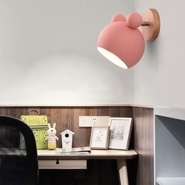 Nordisk stil Sød træbjørn Indendørs væglampe Læselampe ved sengebord til soveværelse Stue Børneværelse (Pink)