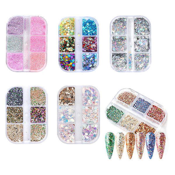 Glitter för naglar, nageldekoration DIY Art Sequins Blandat glitter A-modeller, 6 lådor