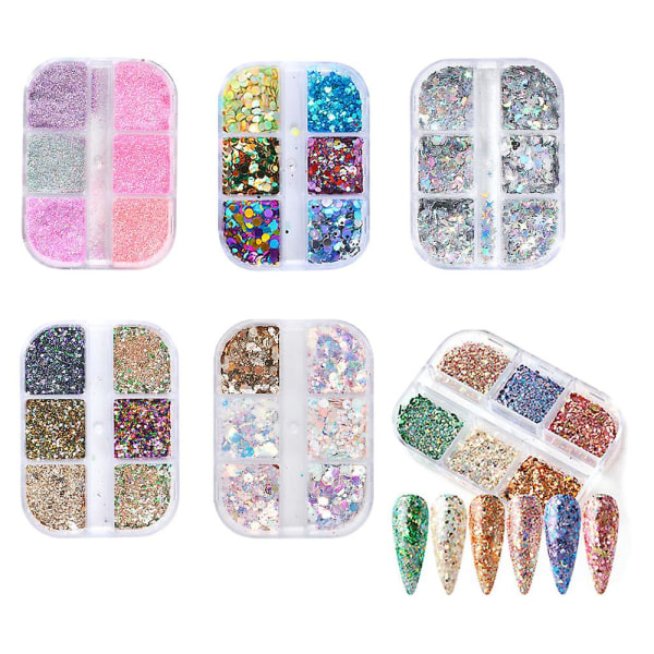 Glitter til negler, negledekorasjon DIY kunstpaljetter blandet glitter A-modeller, 6 bokser