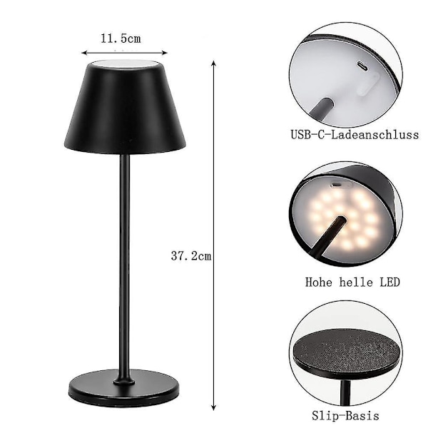 Sysy bordslampa sladdlös, LED bordslampa batteri dimbar touch switch & laddningsbar USB-C, aluminium bordslampor svart 3W 3000K varmvit, IP44 vattentät bordslampa utan sladd för inomhus och utomhus