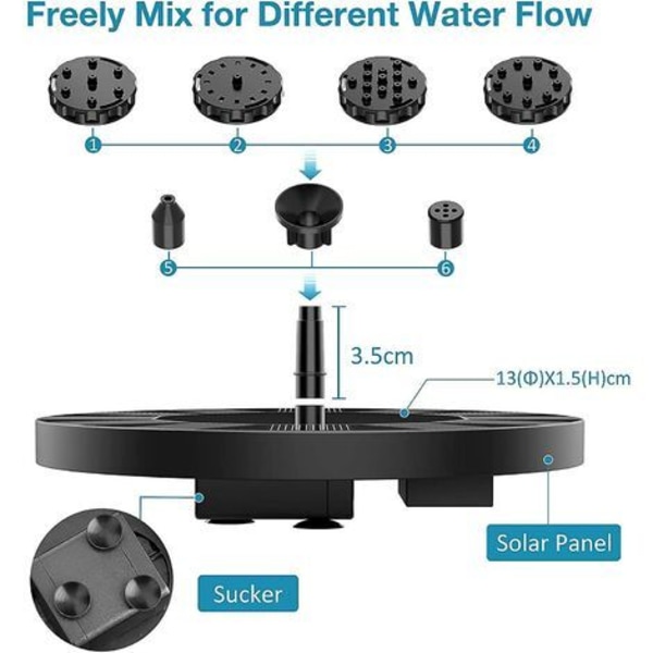 Flytende utendørs solcelledrevet fontene, 6 dyser solcelledrevet dam pumpe, solcelledrevet fontene for hager, fuglebad, dammer