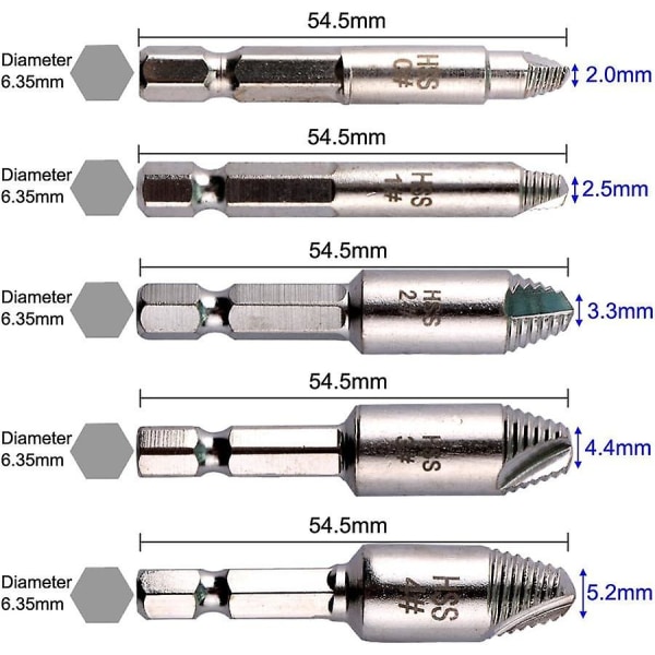 5 stk. Skadde Skruetrekkere 1/4, Enkelt Hoved Skruetrekkere, Strippet Skrutrekker, Fjern Enkelt Ødelagte Muttere Skruer eller Bolter, Grensesnitt Diameter 6.