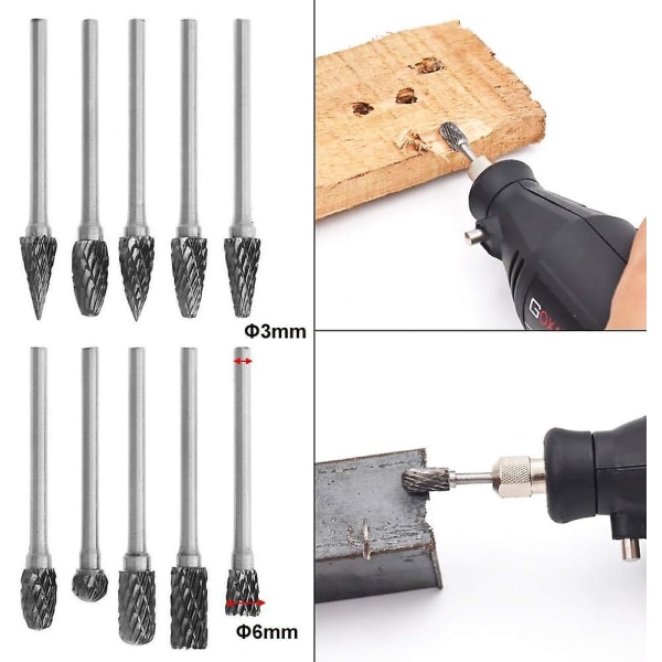 10 stk. dobbeltsnit tungsten solid carbide stål roterende burres sæt 3mm skaft skaft twist bor til Dremel roterende værktøjer