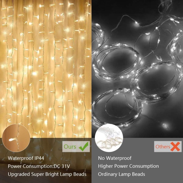 LED-lysslynge 3m*3m, 8 lysmoduser, vanntett IP44? Juledekorasjon, vindu, bryllup, bursdag, hjem, uteplass