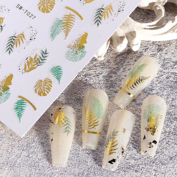 Nagelklistermärken dekaler 8 ark självhäftande nagelklistermärken, bladmönster nageltillbehör för kvinnors naglar, 9,2*7,3cm