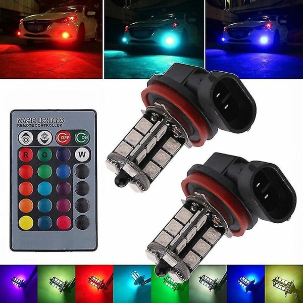 Pakke med 2 stk. H8/H11 RGB tåkelyspærer - Flerfarget RGB lysdiode tåkelyspære - Driverpære med fjernkontroll - H8/H11 erstatningslys