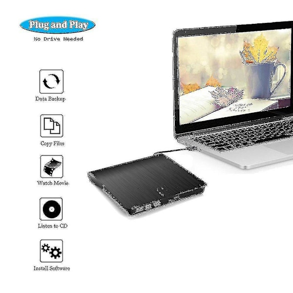Ulkoinen DVD-asema kannettavalle tietokoneelle, kannettava nopea USB-C- ja USB 3.0 -soitin/DVD-lukija PC-työpöydälle, yhteensopiva Windows/Mac Osx/Linuxin kanssa