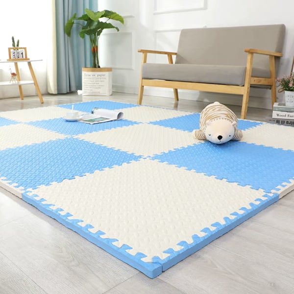 Skum Legemåtte - Børns Bløde Eva Puslespilmåtte, Sammenlåsende Børns Legemåtte Gulv Måtte Skum, 16-Pakke. 30*30*1.0 (16 stykker) Hvid og blå White+Blue