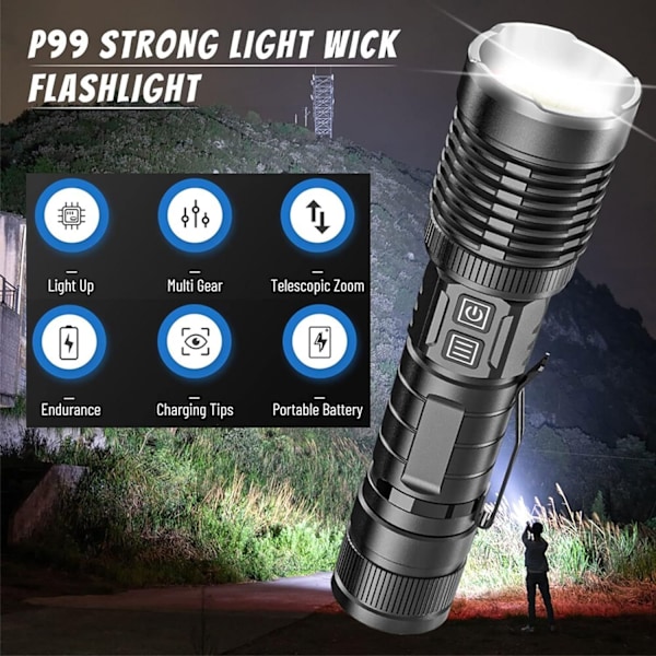 XHP99 LED Lommelygte 20000 Lumen Super Lys Stærk Taktisk 5 Tilstande Zoomable Vandtæt USB Genopladelig Lommelygte til Camping Vandring Udendørs Nødsituation