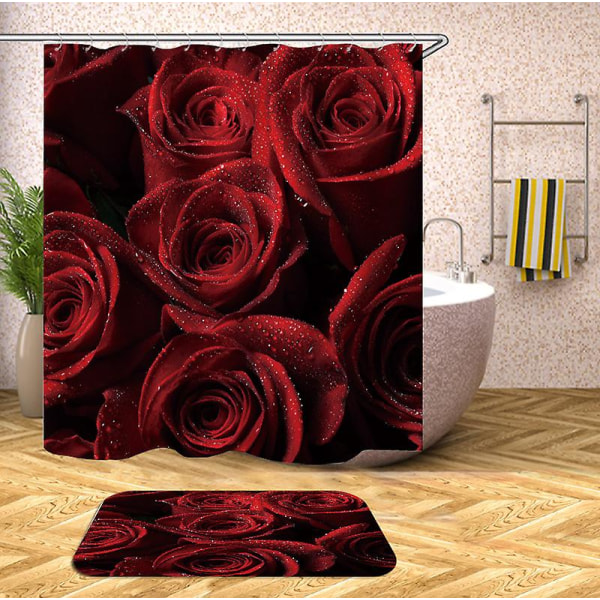 Glam Fire Rød Rose og Sorte Blade Bruseforhæng Badeforhæng 150x180 Cm
