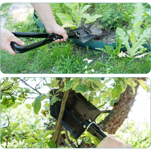 Hopfällbar spade - Lätt hopfällbar campingspade med tandad sida för vandring, promenader och trädgårdsarbete - Svart stål