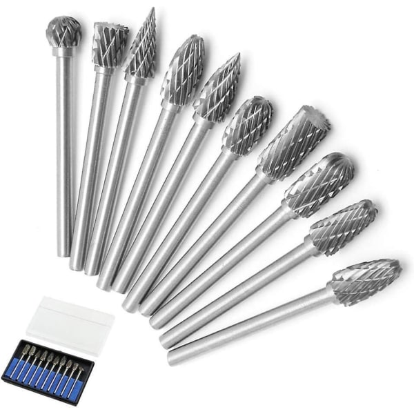 10 stk. dobbeltsnit tungsten solid carbide stål roterende burres sæt 3mm skaft skaft twist bor til Dremel roterende værktøjer