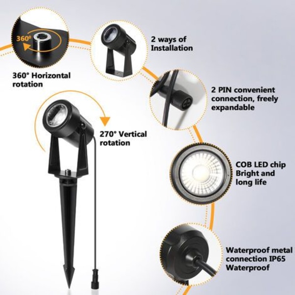 Sæt med 6 LED-haveprojektører med jordspyd, havebelysning med IP65 vandtæt stik, varm hvid