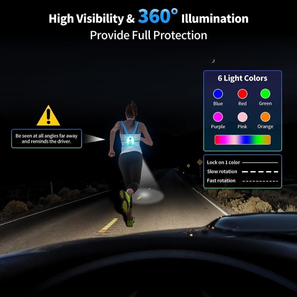 Løbelys, løberefleksvest med justerbare LED-lys, genopladelig