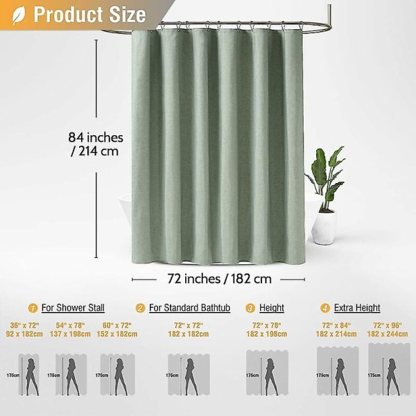 Bruseforhæng 180x210cm, Ekstra Lang Salviegrøn - Linned Tekstureret Heavy Duty Stof Bruseforhæng Sæt med 12 Plastik Kroge, Stor Hotel Luksus Enkelt