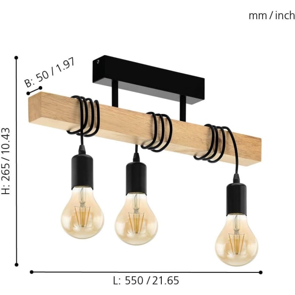 Loftslampe, vintage loftslampe med 3 flammer i industrielt design, retro ophæng i stål og træ, farve: sort, brun, fatning: E27