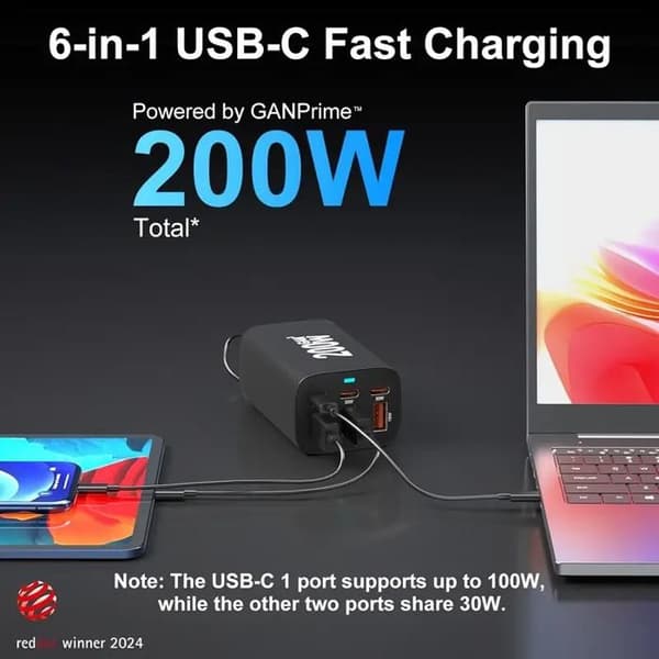 200W 6-ports USB C Hurtigoplader - GaN Strømadapter til iPhone 14/13/12, Galaxy S23/S22/S21, Sort