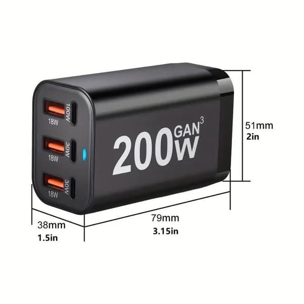 200W 6-ports USB C Hurtigoplader - GaN Strømadapter til iPhone 14/13/12, Galaxy S23/S22/S21, Sort