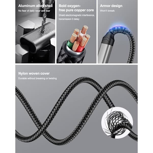 Bil Aux Lydkabel Kompatibel iPhone, Lightning til 3,5 mm Nylon Stereo Au