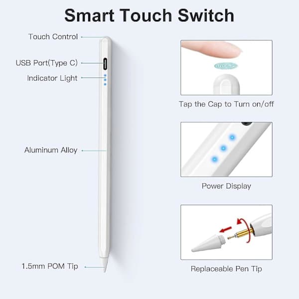 Stylus kompatibel med Apple iPad (2018-2022), handflats- och lutningsdetektering, aktiv penna för iPad Air 5:e/4:e/3:e generationen, iPad 9:e/8:e/7:e/6:e generationen, iPad Pro